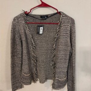 Atmosphere Two-Tone Frayed Open-Front Cardigan - gold Cream & Black